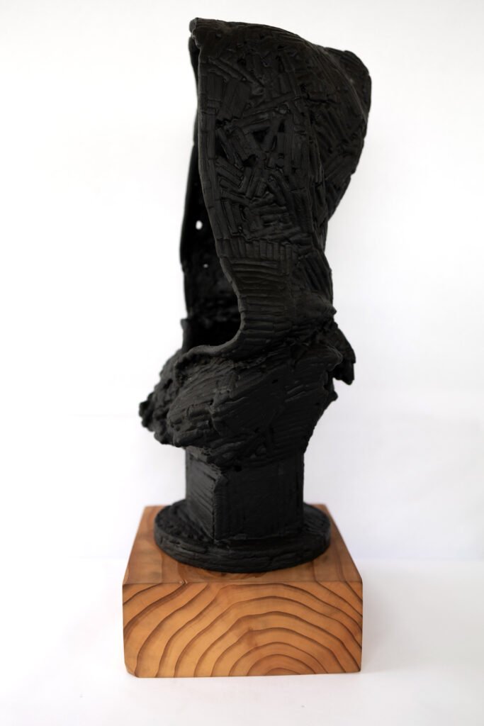 Untitled (Ghost) is a tar and steel sculpture by Andrew Miguel Fuller. BLM / Black Lives Matter artwork by AM Fuller.