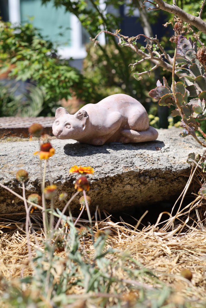 One Hundred Stone Cat Project. Public art sculpture by AM Fuller. Concrete garden cats by Andrew Miguel Fuller.