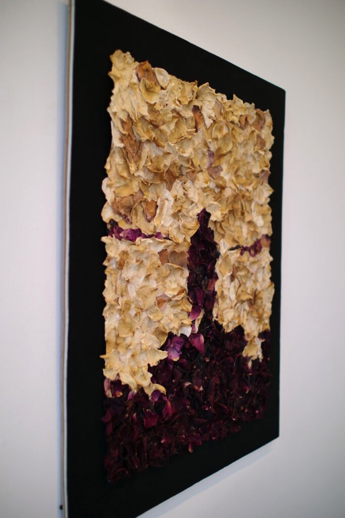 Wander above the sea of fog is an assemblage rose petal painting by AM Fuller. Flower sculpture by Andrew Miguel Fuller.