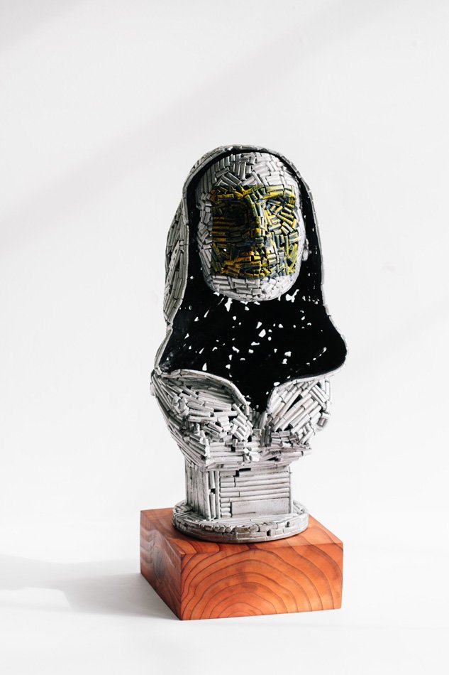 Untitled (mask & hoodie)- Fine art sculpture by Andrew Miguel Fuller - Nickel plated steel metal artwork by Andy Fuller