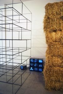Rapture in West Texas. Fine art sculpture, video. Mixed media installation at Mercury Twenty Gallery in Oakland, CA. Installation by Andrew Miguel Fuller, Ross Warren, & Galen Jackson, working as the Strawman Collective.
